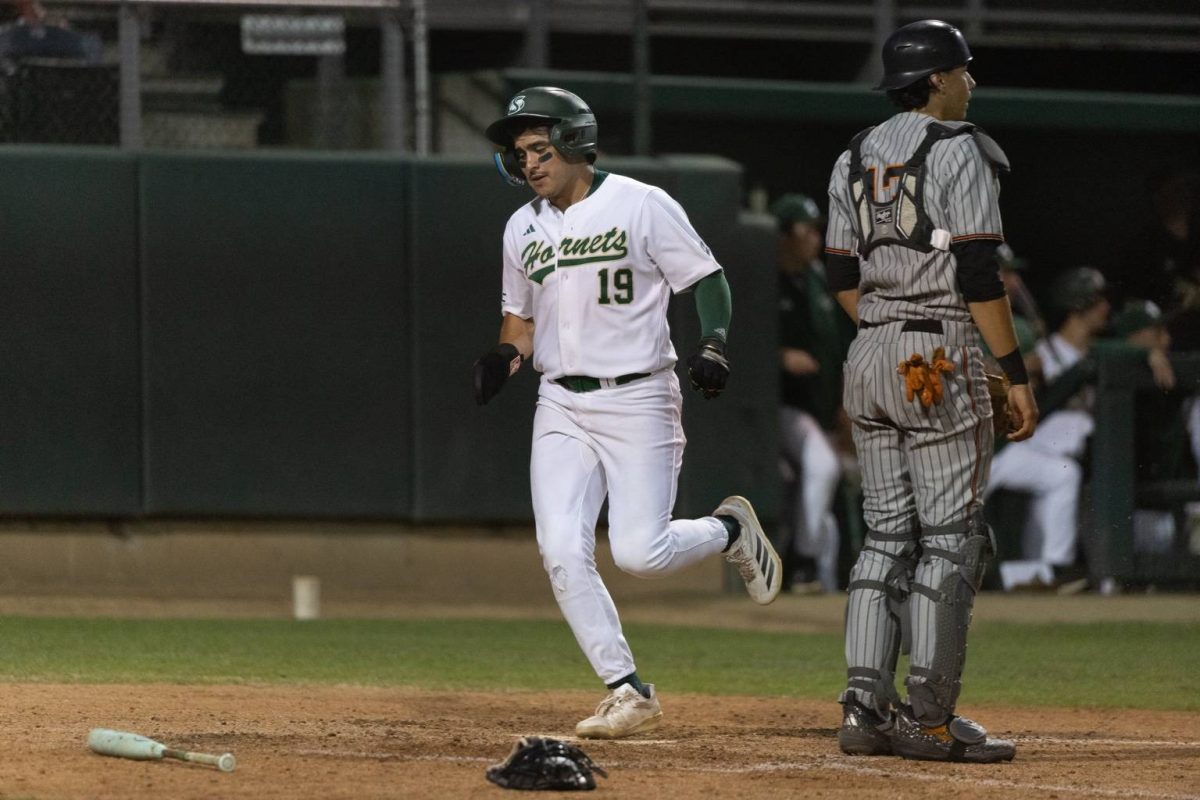 Sophomore designated hitter Orlando Cobarrubias crosses home plate against the University of the Pacific on Wednesday, March 11, 2026. The Hornets split the four-game series against the Tigers. 