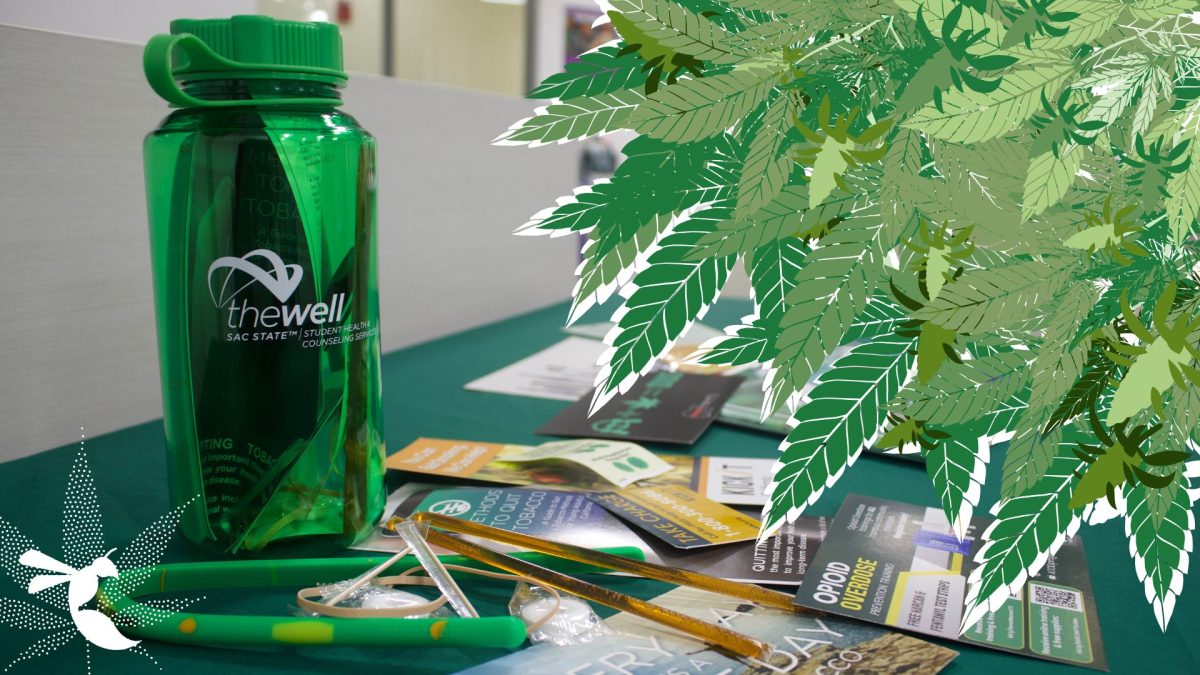 Quit kits and tolerance break guides sit on a table in The WELL Monday, April 20, 2026. Just under 25% of students at Sacramento State reported smoking cannabis in a three month period, cannabis is the second most used substance among students following alcohol. (Made in Canva by Finneas Brumbaugh)