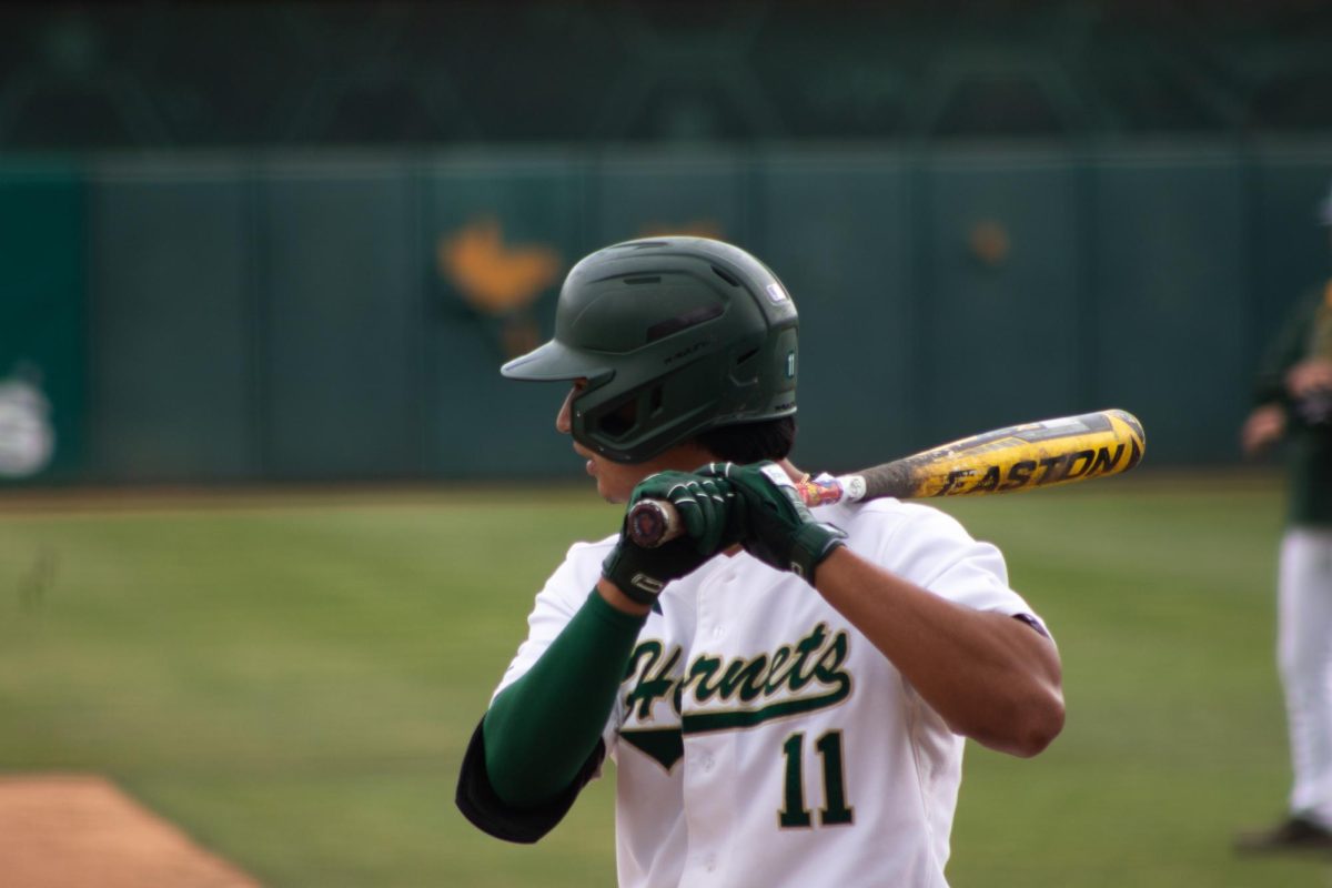 Junior left fielder Erick Dessens waits for his pitch during an at-bat against Utah Valley University on Friday, April 10, 2026. Dessens and the Hornets went on to win two of three in the series.