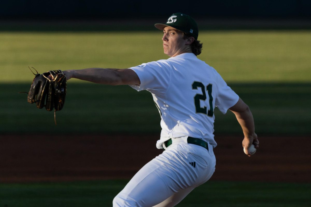 Senior pitcher Ethan Lay throws a pitch against the University of the Pacific at home Wednesday, March 11, 2026. Lay pitched a complete seven inning game only allowing two hits as the Hornets went on to win 10-0 against the Tigers.