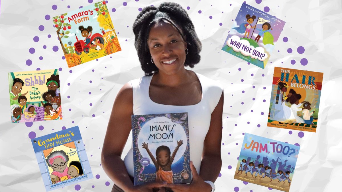 JaNay Brown-Wood holds her first published children book “Imani’s Moon” Tuesday, March 23, 2026. “Imani’s Moon” was published in October 2014. (Photo and Canva graphic by Gabriel Solis)