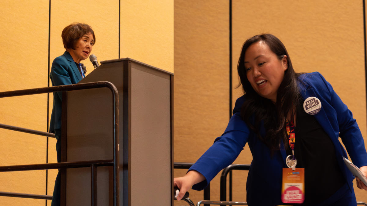 Doris Matsui and Mai Vang at the California Democratic Convention Saturday, February 21, 2026. Vang is running against incumbent Matsui, who was first elected in 2005. (Photos courtesy of Ryan Thrailkill)
