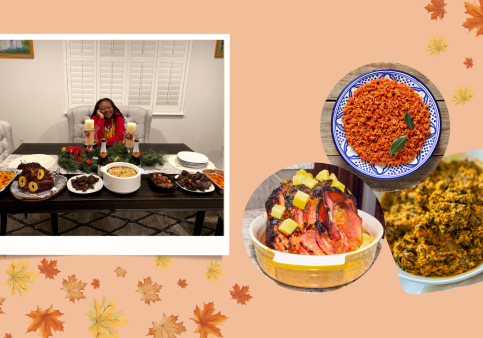 A few board members from the Nigerian Student Association share their dearest Thanksgiving memories and recipes. A brief glimpse into their holiday festivities reveals values and meaning that surpass the food and feast. (Photo Courtesy of Ozichukwu Opara. Graphic created in Canva by Maishia Sumpter) 