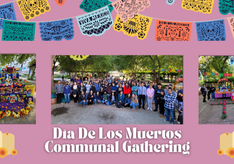 Last year’s Dia De Los Muertos communal gathering held in the library quad Wednesday Nov. 2nd. Over 120 students were involved and 25 altars were built for last year’s event. (Canva graphic made by Hailey Valdivia and Image Courtesy of Luis Garcia).