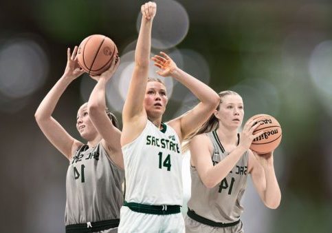 Freshman forward Summah Hanson shoots a free throw against San Diego State University Saturday, Nov. 18, 2023. Hanson was named the Big Sky Conference Freshman of the Year. (Photos courtesy of Sac State Athletics, graphic created in Canva by Jahson Nahal)