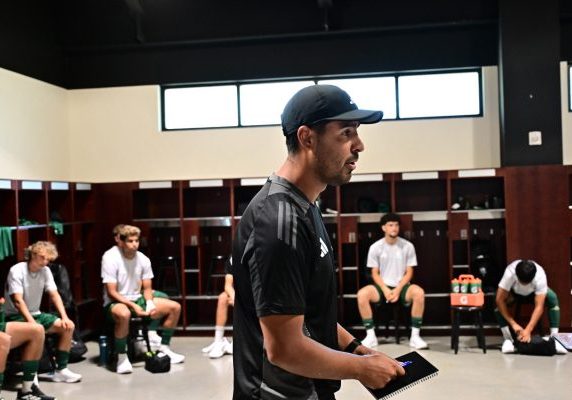 Assistant coach Hector “Keko” Grajeda addresses the team before their game against Stanford on Thursday, Aug. 10, 2025. The Hornets went on to fall short of victory by a score of 0-1. (Photo courtesy of Sac State Athletics)