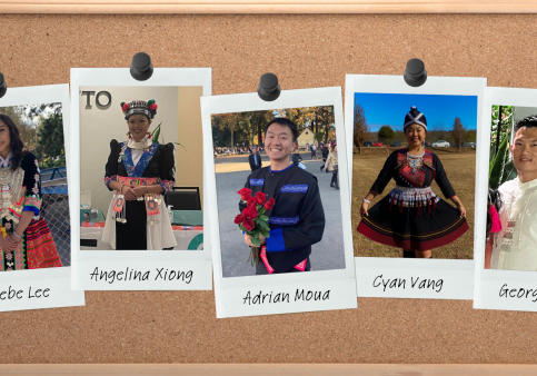 Hmong Sacramento State students representing their heritage by wearing Hmong clothing and accessories. There are many different styles of Hmong clothing that people don at Hmong New Year. (Photo courtesy of Phoebe Lee, Angelina Xiong, Adrian Moua, Cyan Vang and George Vang. Graphic made in Canva by Madison Duong.)